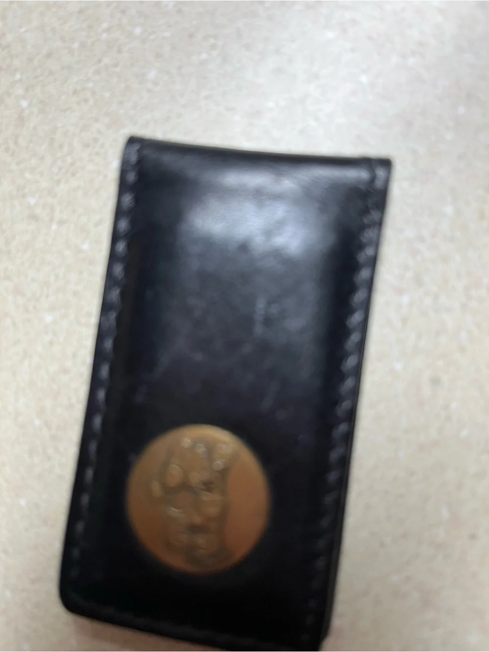 Black Leather Money Clip with Gold Tone Mickey Button